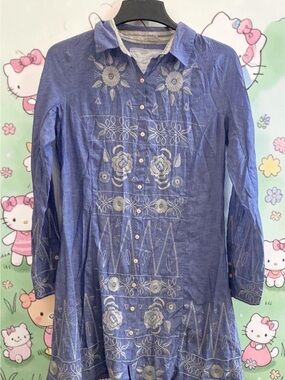 Johnny Was Blue Chambray Embroidered Cotton Dress/Tunic